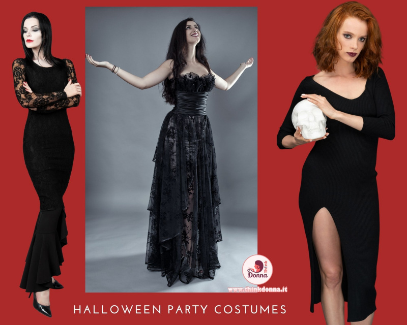 total black stile Morticia Addams pizzo nero abito sera Halloween party costumes teschio