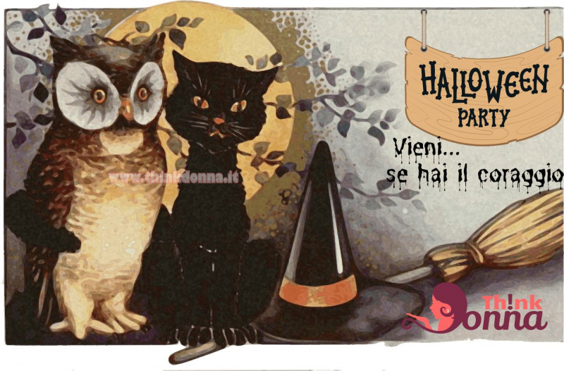 invito tipo tema Halloween gatto nero gufo illustrazione scritta vieni se hai il coraggio