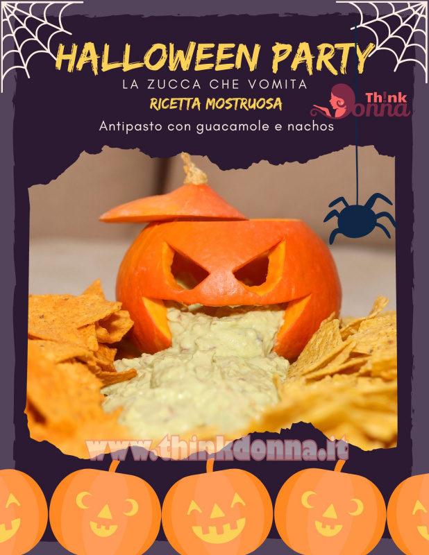 illustrazione Halloween ragnatele zucca Jack-o'-lantern guacamole nachos scritta ricetta antipasto