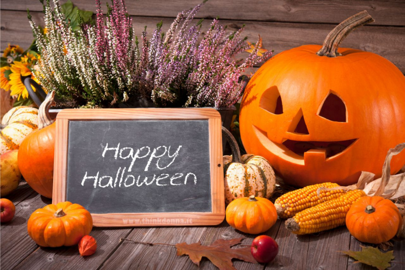 decorazioni halloween zucca intagliata lavagna scritta happy halloween fiori erica tavola legno