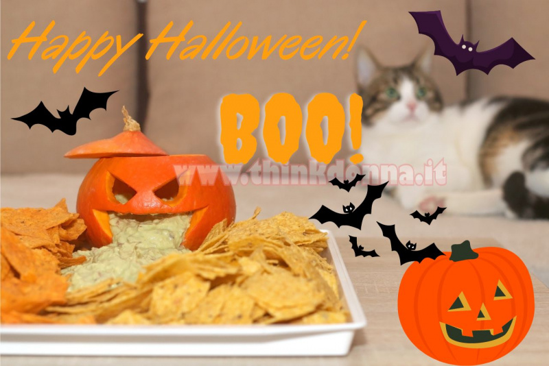 scritta happy halloween divano gatto illustrazioni pipistrelli zucca ricetta vomito guacamole nachos