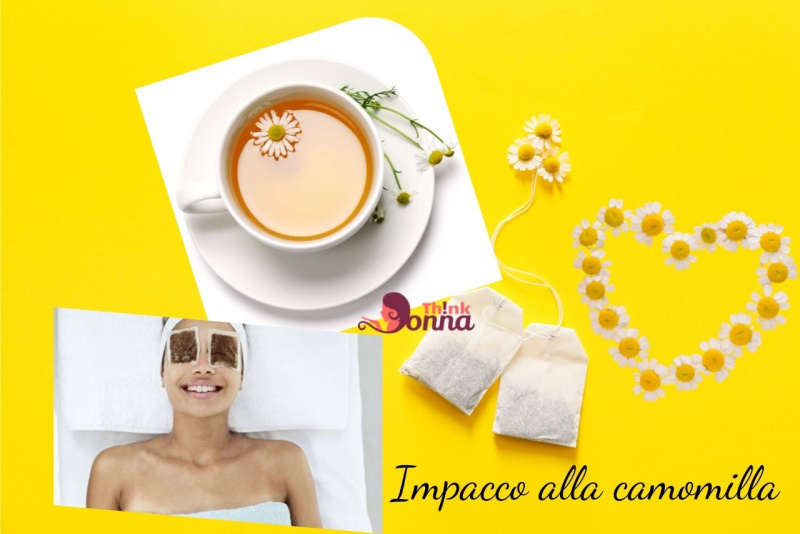 impacco occhi camomilla bustine fiori a forma di cuore sfondo giallo
