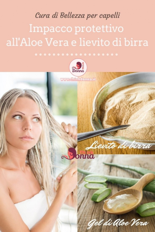 giovane bella donna spazzola capelli lunghi biondi impacco gel Aloe Vera lievito di birra in polvere