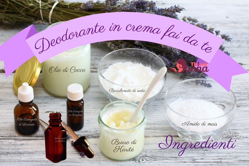 ingredienti deodorante ascelle fai da te fiori lavanda olio essenziale burro di karit olio di cocco amido di mais bicarbonato di sodio