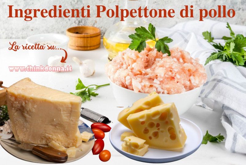 ricetta ingredienti secondo piatto macinato di carne di pollo tagliere piatto formaggio grattugia pomodorini foglie prezzemolo