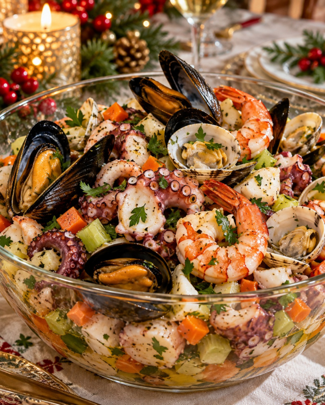 Ciotola di vetro con ricca insalata di mare fresca a base di polpo, gamberi, cozze e vongole condita con olio d'oliva, limone e prezzemolo decorazioni natalizie oro rosso candela