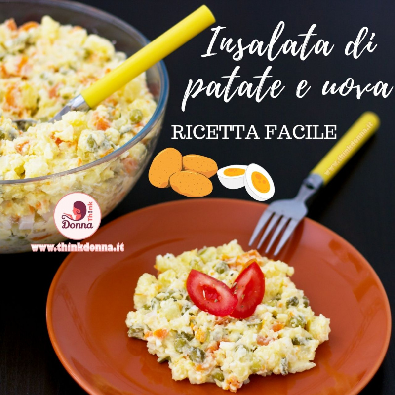 piatto con insalata patate uova sode carote pomodori forchetta manico giallo ricetta