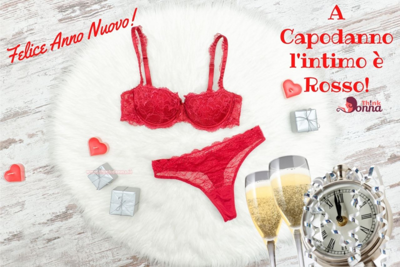 felice anno nuovo completo intimo lingerie biancheria intima rosso orologio flute spumante reggiseno