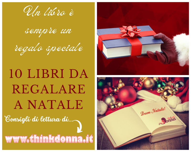 collage foto libri da regalare libro avvoltro nastro rosso regalo libro aperto scritta buon natale sotto albero