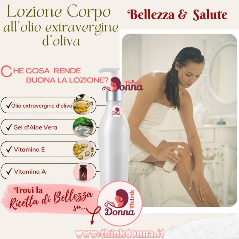 ricetta di bellezza donna bella capelli umidi tiene flacone in una mano con l'altra spalma olio extravergine oliva gel aloe vera vitamina A capsule E contro smagliature rilassante corpo telospugna bagno