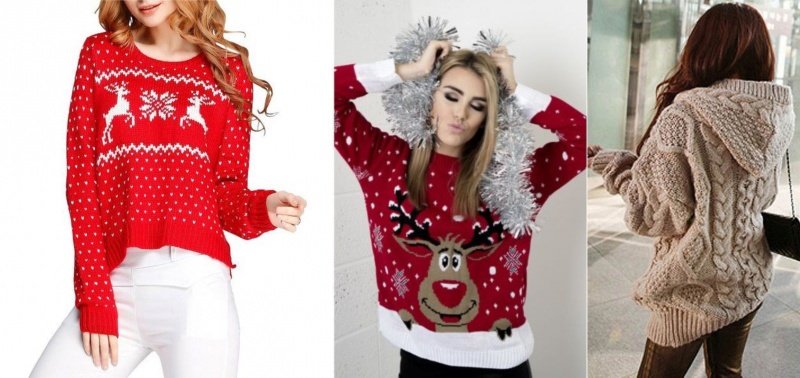 Natale 2017: i look per essere trendy ed eleganti maglione rosso natalizio disegno renne fiocco neve bianco donna capelli ondulati rosso rame ramati pantaloni bianchi viso ragazza capelli biondi ghirlanda natale argento maglione lana borgogna bordeaux disegno renna bordo bianco pull cardigan maglia lavorato ferri trecce borda jeans