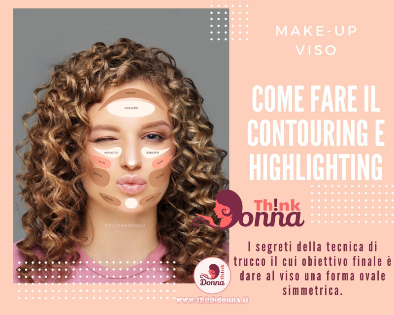 contouring highlighting viso bella donna occhi azzurri labbra rosa capelli ricci biondi