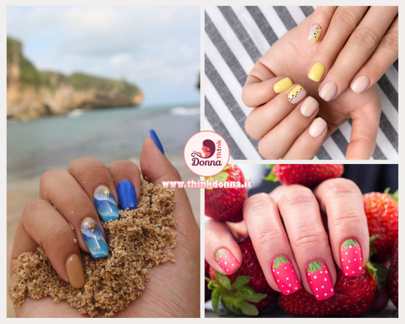 smalto adesivo nail patch estate mare stickers stampa fragole stella dorata giallo tenue rosa