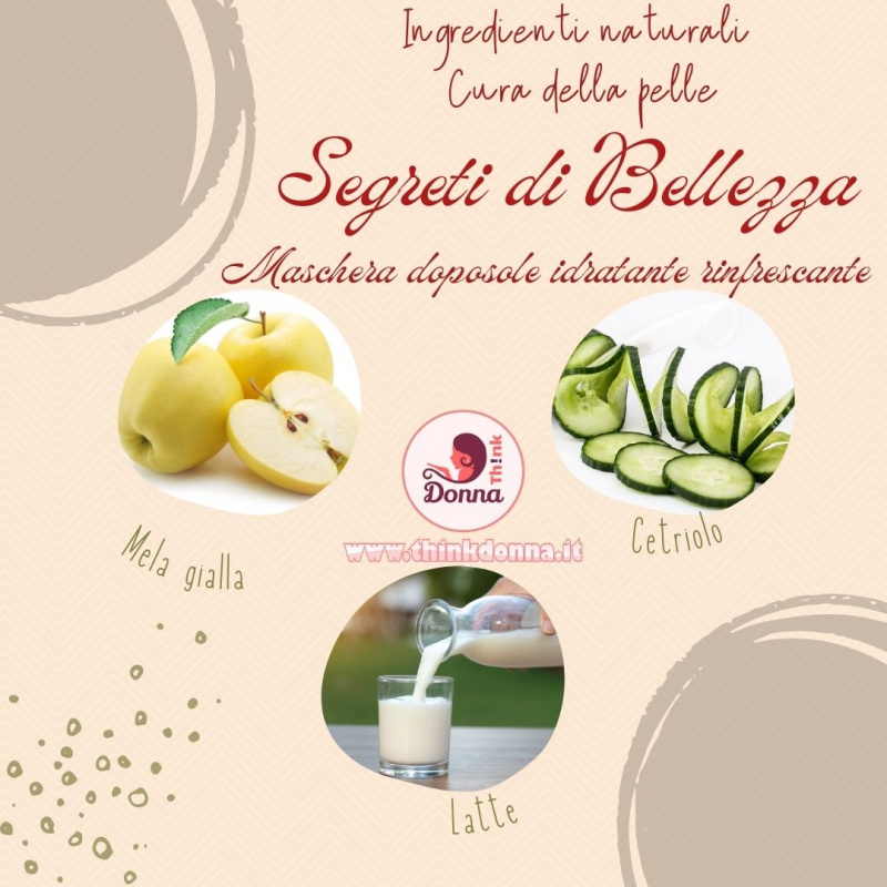 ingredienti maschera di bellezza mela gialla fette cetriolo bicchiere di vetro bottiglia latte