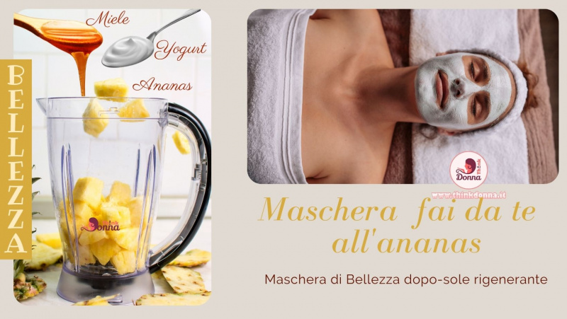 ingredienti maschera bellezza frullatore pezzi ananas cucchiaio di legno miele yogurt