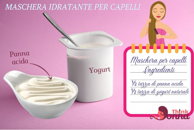 ingredienti maschera idratante illustrazione cura dei capelli vasetto yogurt bianco cucchiaino ciotola salsiera panna acida