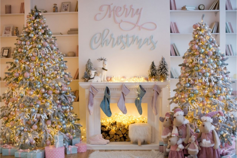 colori pastello decorazioni natalizie albero d natale palline rosa celestre luci pacchi regalo camino calze 