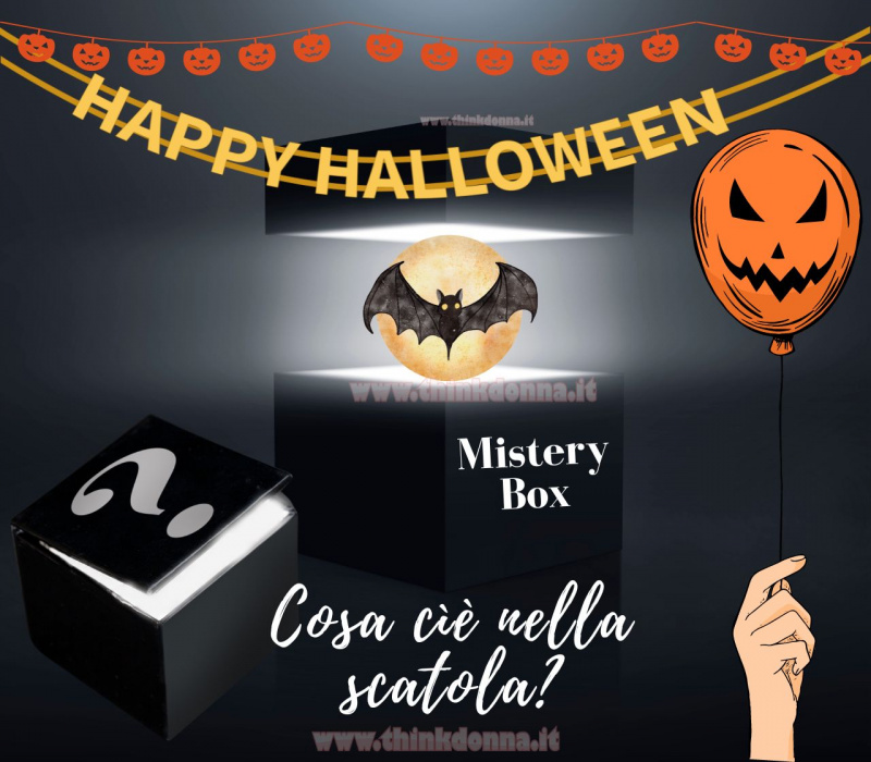 scatola misteriosa gioco festa halloween scatola nera punto interrogativo scritta happy halloween zucche
