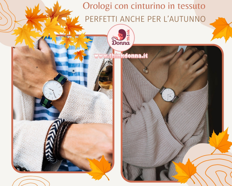 orologio uomo quarzo con cinturino donna pullover lana rosa foglie autunno