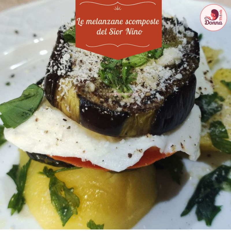 primo piano melanzane grana padano grattugiato pomodoro mozzarella patata lessa basilico sior Nino