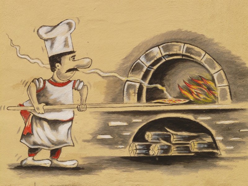 pizzaiolo pizza a pala forno a legna illustrazione