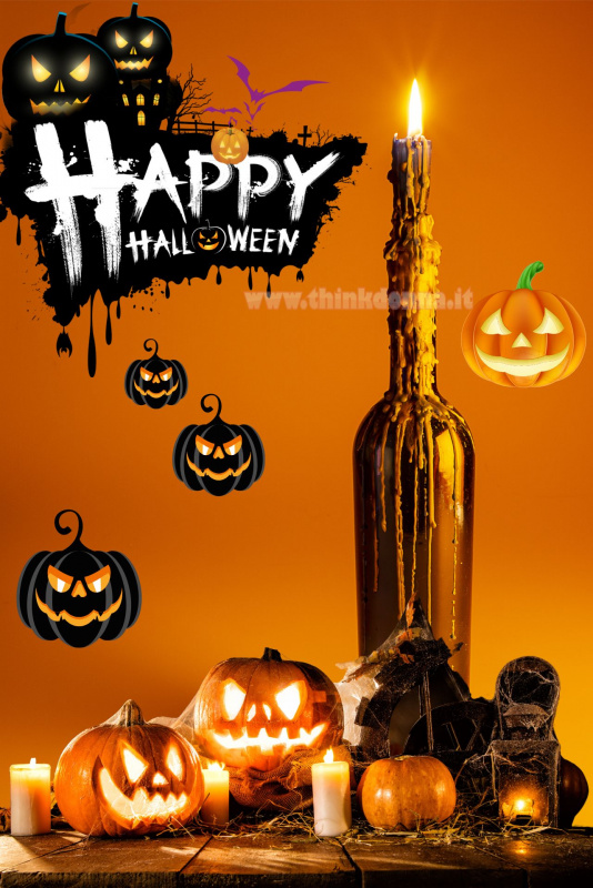 decorazioni halloween sfondo arancione zucche nere luci candela portacandela bottiglia cera fusa solidificata