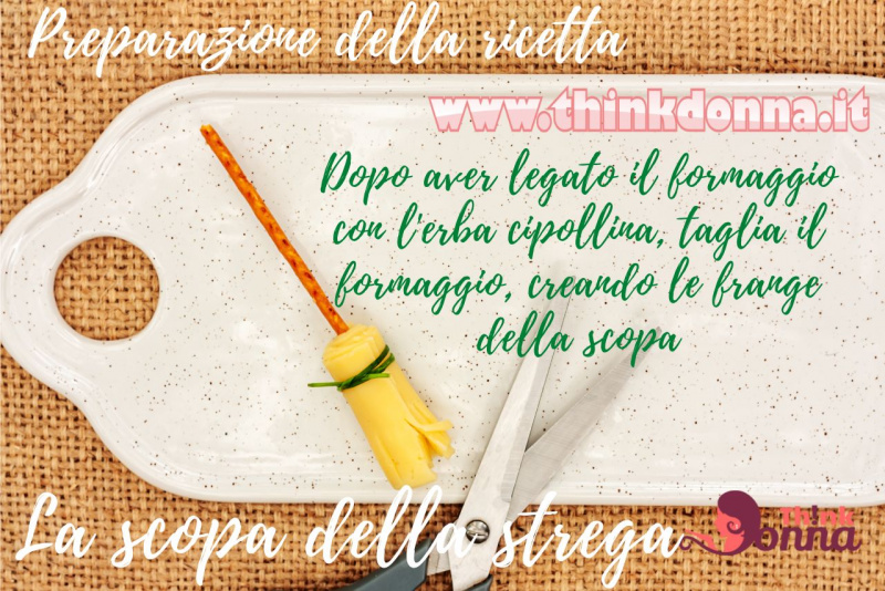 preparazione antipasto Halloween come fare scopa della strega tagliere bianco tovaglia iuta forbici frangia