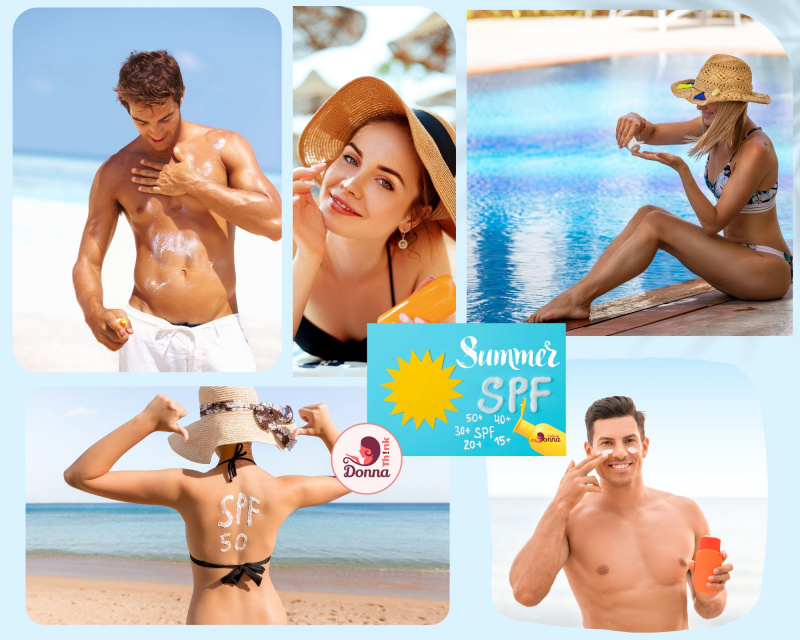 collage foto protezione raggi solari estate mare piscina uomini donne