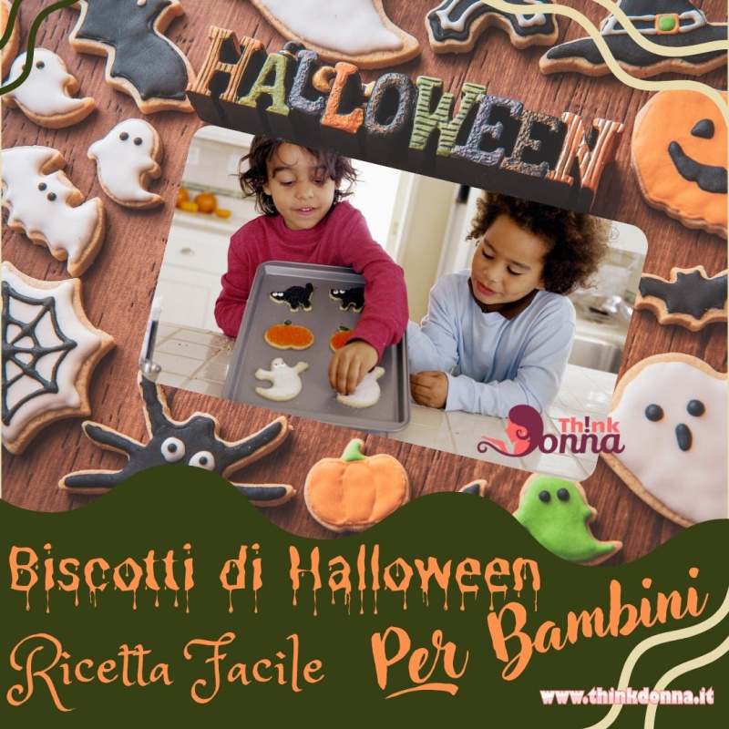 bambini preparano biscotti di Halloween decorazioni scritta ricetta