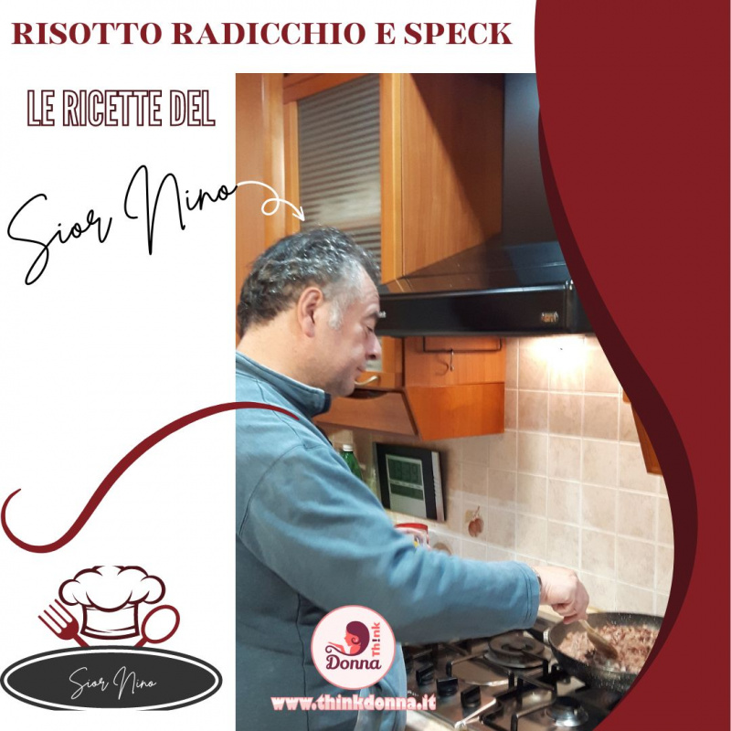 sior Nino mentre prepara risotto radicchio e speck nella sua cucina