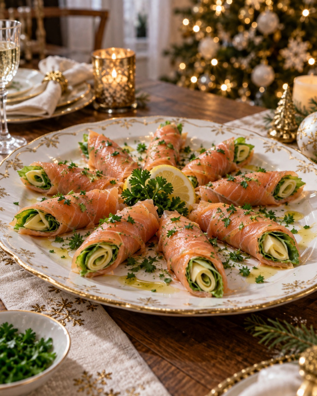 Piatto da portata con rotolini di salmone affumicato, lattuga e formaggio, spolverati con prezzemolo fresco decorazioni natalizie oro tavola festa