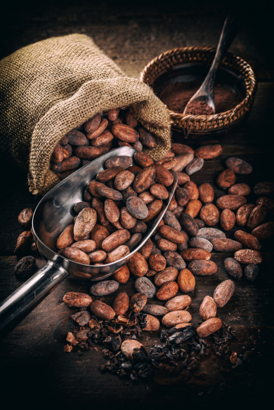 sacco di iuta chicchi cacao amaro ciotola vimini polvere cioccolato cucchiaio legno