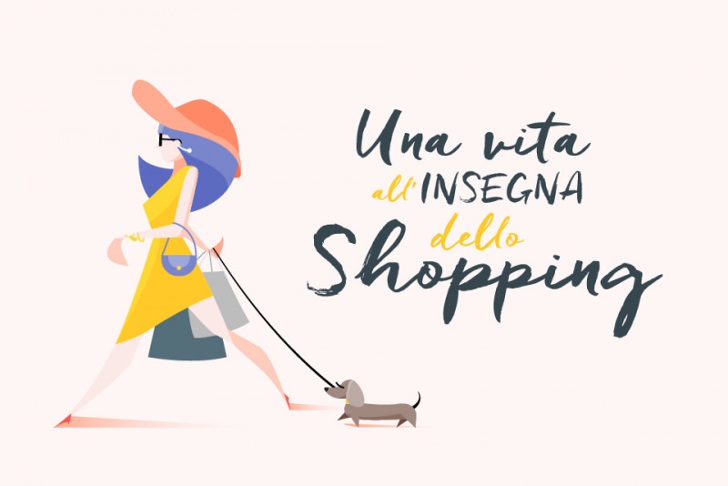 Una vita spesa a fare shopping? Ecco quanto vale! moda abbigliamento illustrazione donna borse spesa cane cappello occhiali da sole cartoon