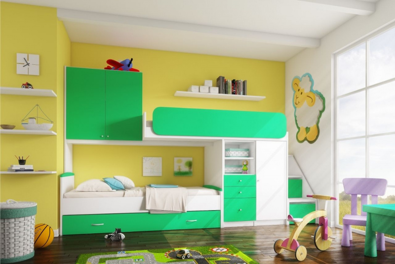 cameretta bambini verde giallo letto soppalco cuscini cassettiera