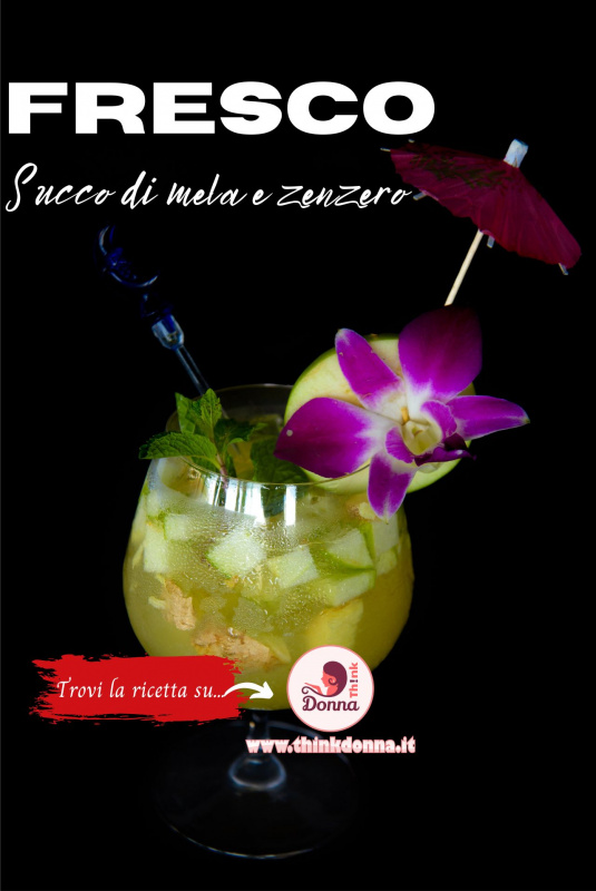 bicchiere cocktail succo di frutta verde mela zenzero ricetta ingredienti foglie menta fiore orchidea viola 