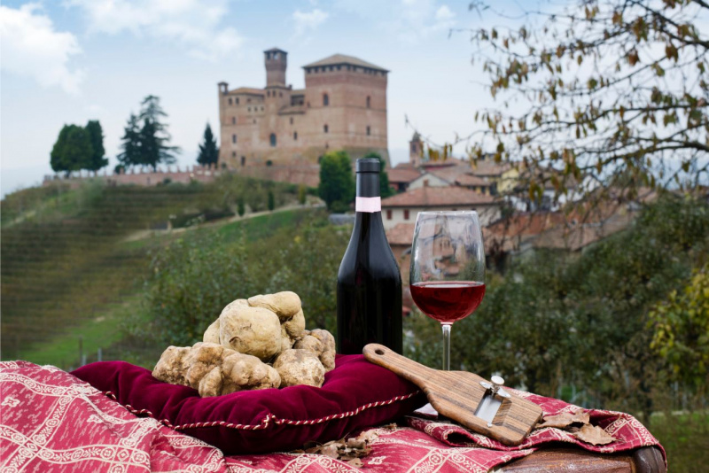 panorama piemontese cuscino velluto porpora con tartufi bianchi bottiglia calice vino rosso