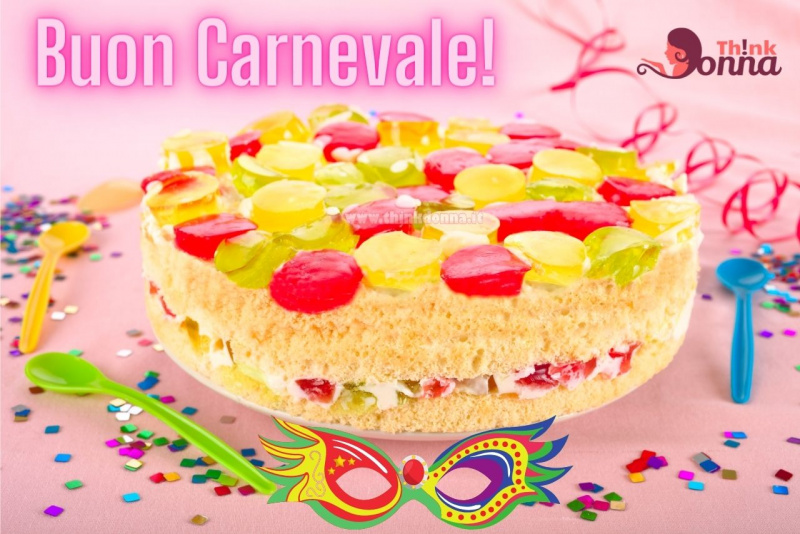 pan di spagna decorato con crema alla panna caramelle gommose rotonde coriandoli carnevale dolce