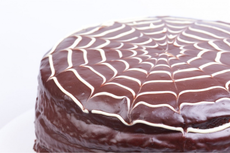 torta di Halloween al cioccolato fondente con ragnatela di cioccolato bianco