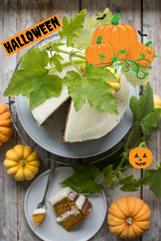 halloween pumpkin cake scritta zucche piatto portata fetta foglie torta di zucca farcita crema di burro