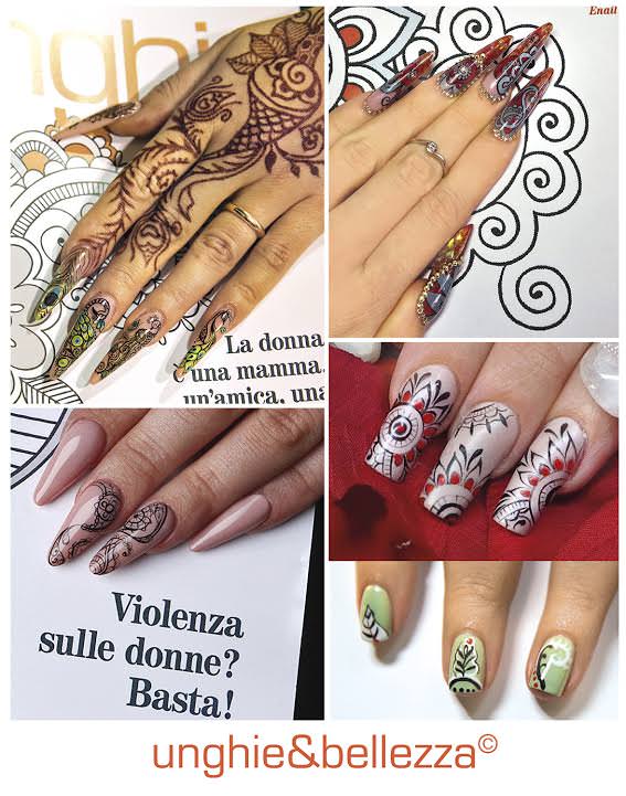 Unghie&bellezza contro la violenza sulle donne stile Mehndi mani anelli fede nuziali henn disegni messaggi