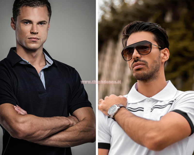 uomo bello con polo nera e modello bianca