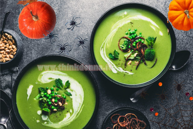 piatto pronto zuppa verde verdure piselli spinaci zucca ragni halloween